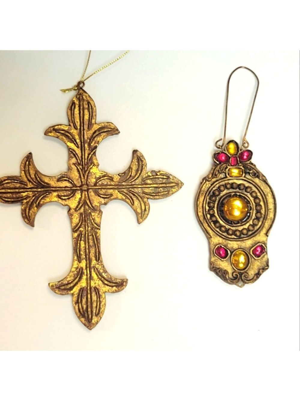 Vintage Gold Red Ornate Cross Pendant Christmas Ornaments Set